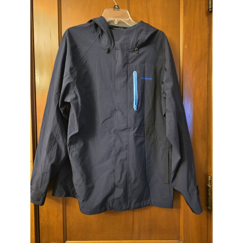 Lands End Rain Jacket Mens Size L Navy Blue Hooded Waterproof Lightweight Zip